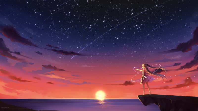 space, outdoors, nature, cliff, star, horizon, anime girls, night, digital, beauty in nature, water, sea, Vocaloid, scenics - nature, long hair