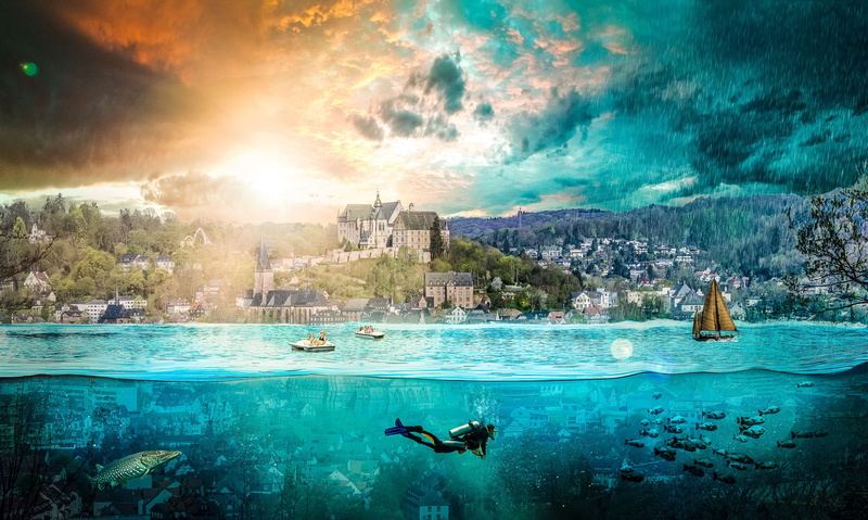 rain, sky, city, holiday, water, incidental people, turquoise colored, underwater, adventure, snorkeling, beauty in nature, land, tropical climate, adobe photoshop