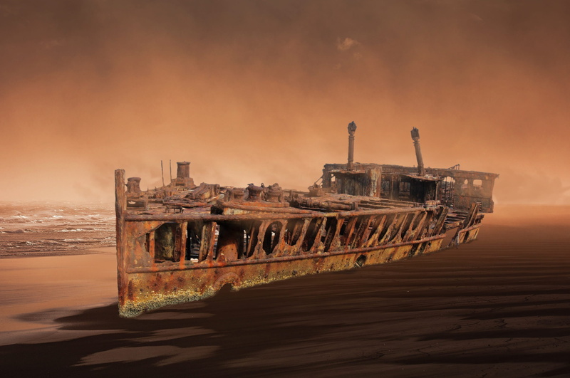 ship, lapsed, shipwreck, deterioration, weathered, 2K, outdoors, boot, obsolete, ruined, rusted, ocean, water, leave, wreck, broken, old, stainless, mysticism
