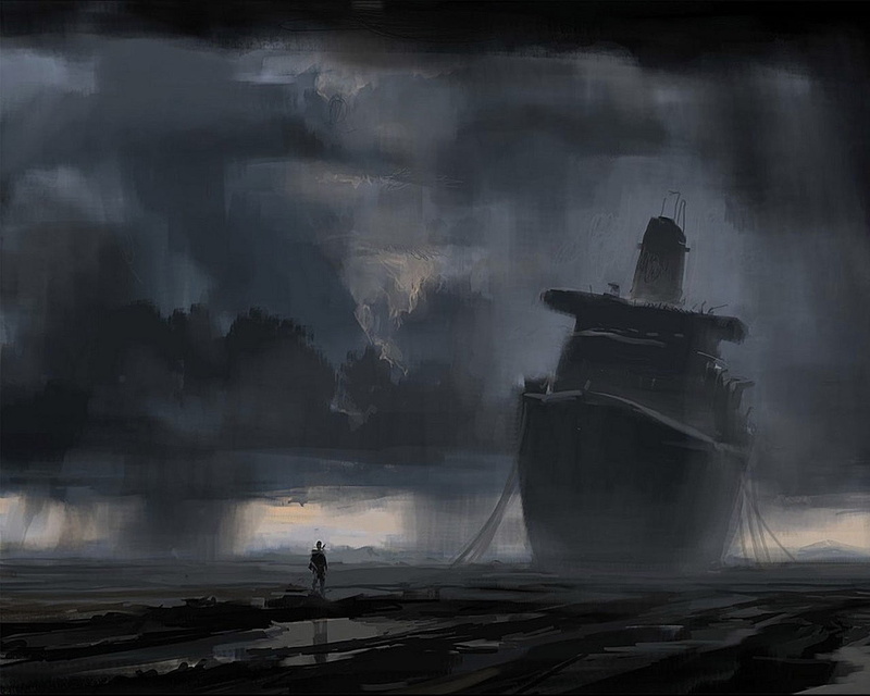 occupation, silhouette, cloud - sky, nature, beauty in nature, walking, ship, painting, architecture, 720P, man, sea, beside, sail, place of worship, clouds