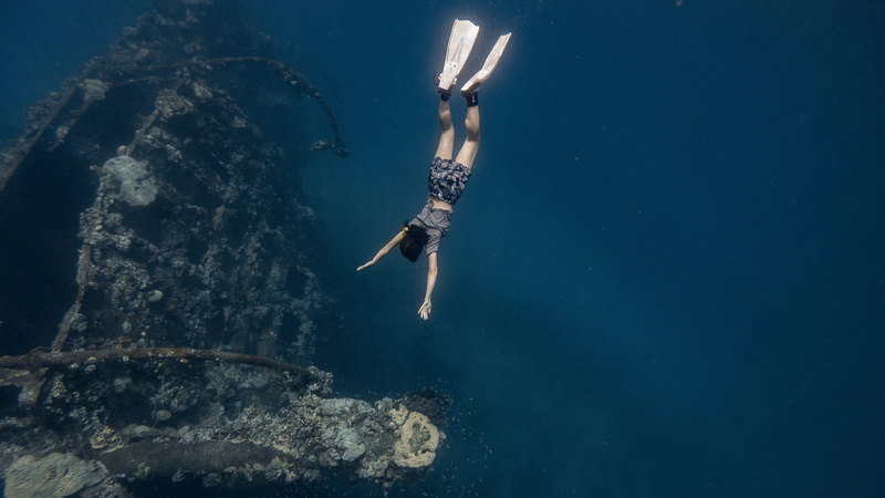 sport, outdoors, sports, human, diving flipper, federated states of micronesia, one person, underwater, lagoon, diver, marine, diving equipment, rock - object