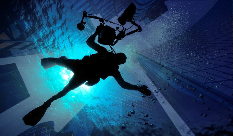 building, swimming pool, undersea, fantasy, underwater, water, adventure, scuba diving, diving, two people, nature, people, sky, diving equipment, diving flipper