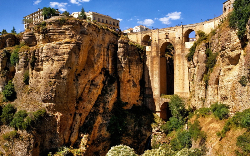 Houses, Mountains, Andalusia, Arch, Canyon, Ronda, Bridge, Rocks, Spain, 1080P