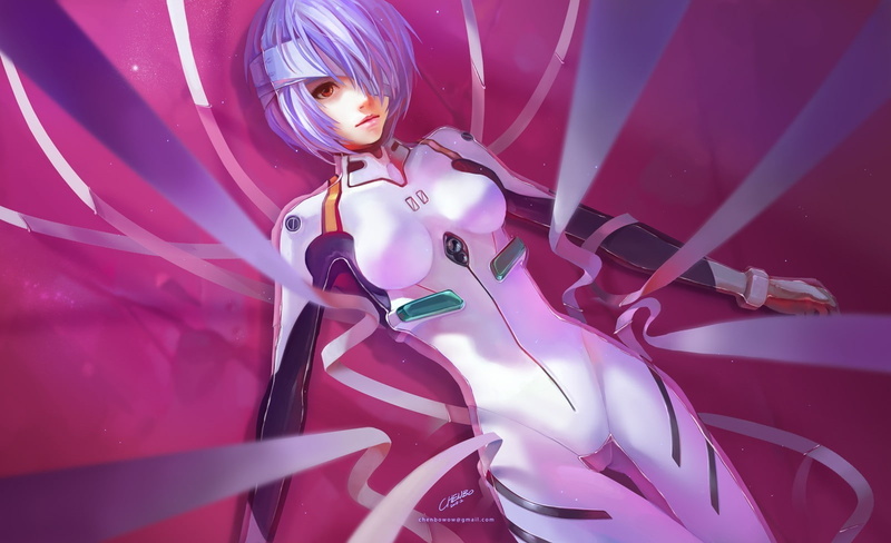 720P, red eyes, latex, anime, Neon Genesis Evangelion, anime girls, Ayanami Rei, blue hair