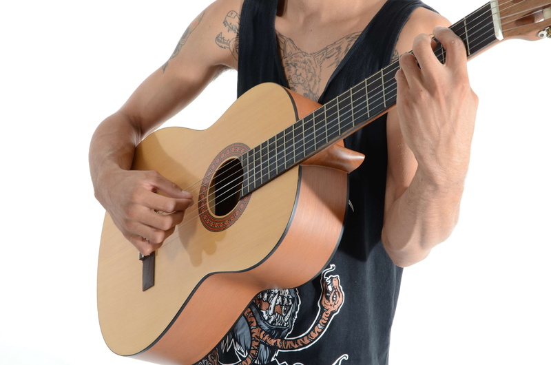 4K, white background, acoustic guitar, rock star, guitarist, hand, playing, music, human body part, studio shot, boy, track, tattoos, musical instrument