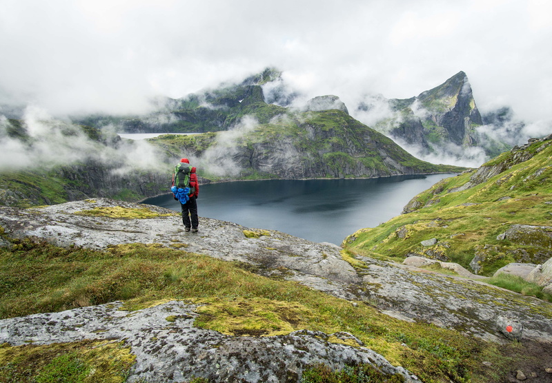 landscape, edge, stone, misty, rock - object, top, scenics - nature, person, wander, discover, staring, water, explore, mist, one person, looking out, hiking
