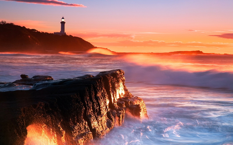 Sunset, cliffs, Rocks, Sea, 1080P, Waves, Lighthouse, Cliff