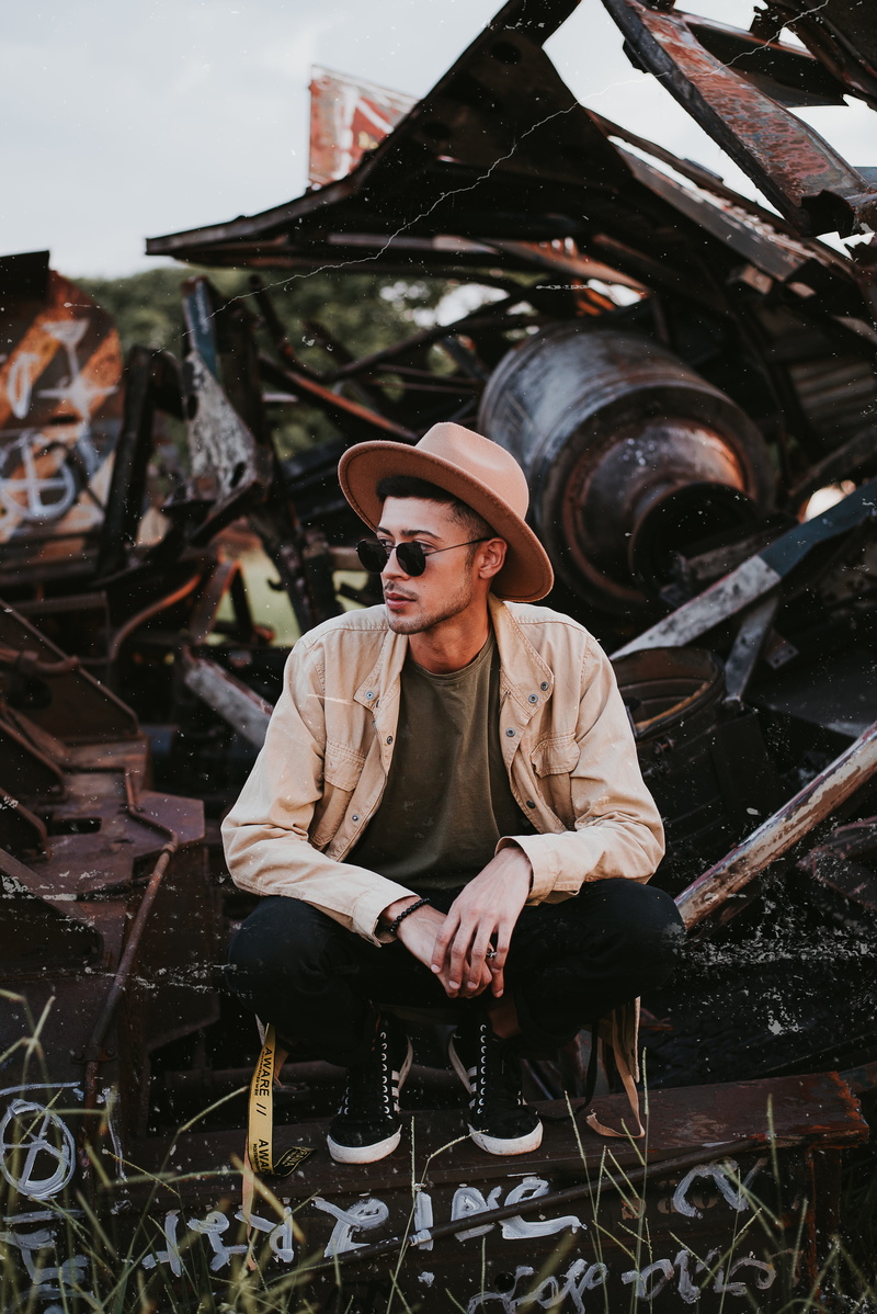 eyewear, looking at camera, portrait, sunglasses, outdoors, colors, young men, landscape, photoshoot, one person, human, casual clothing, day, scraps, handsome