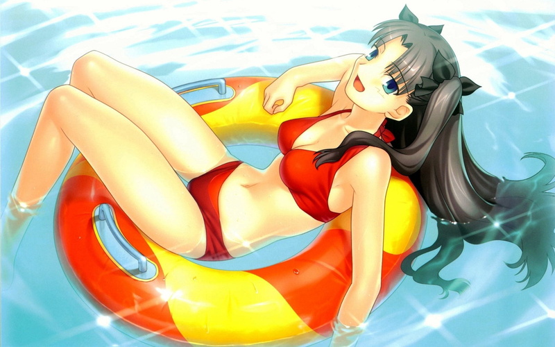 character, female, orange color, real people, floater, 1080P, one person, day, anime, floating on water, Fate/Stay Night, leisure activity, water, yellow