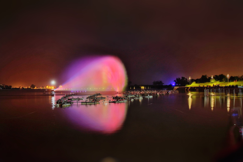 purple, light, buoy, building exterior, multi colored, scenics - nature, 5K, floating, outdoors, color, sky, dawn, fountain, evening, beauty in nature