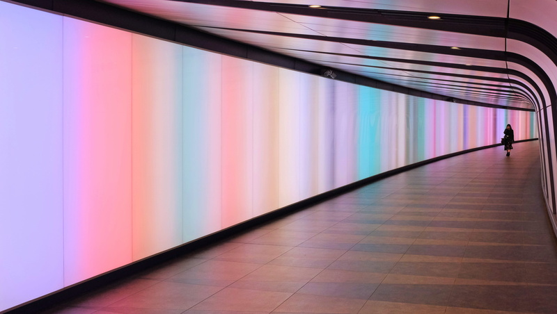 bend, light, hall, no people, modern, walking, reflection, ceiling, fujix100, london, fuji, indoors, tunnel, multi colored, colour, architecture, person