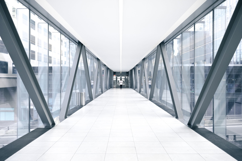 city, building, indoors, bridge, railing, 4K, glass, connection, direction, corridor, day, passage, hallway, ceiling, white, way, arcade, architecture