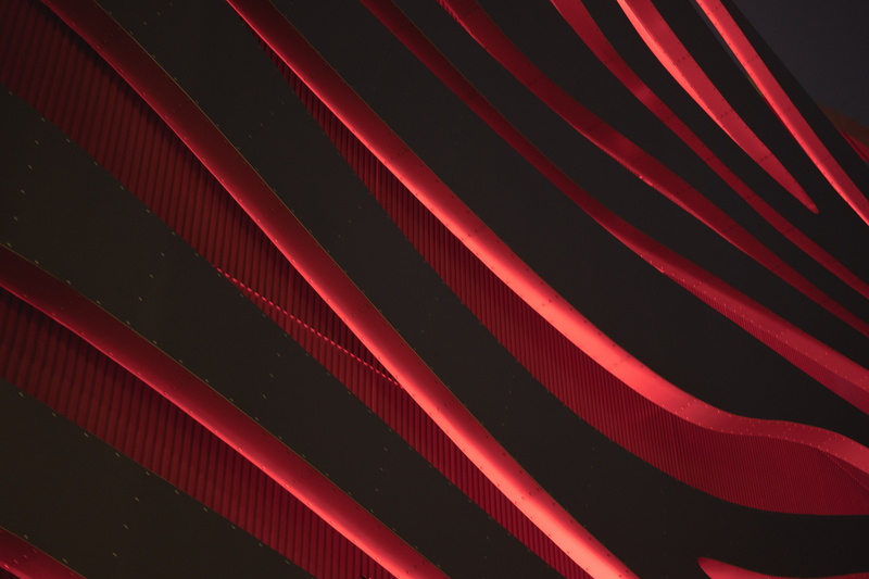 Petersen Automotive Museum, Metal, lights, Architecture, 5K, Red, black, 5K, orb