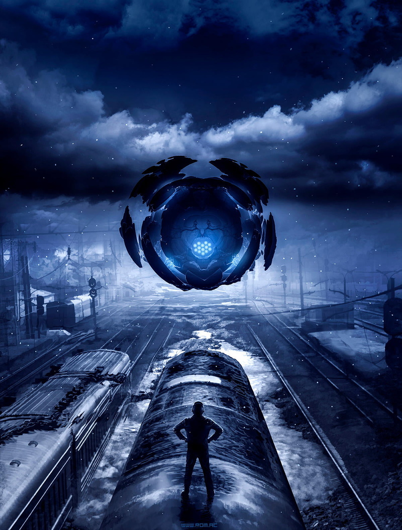 railway, glowing, orb, drawing, stars, science fiction, 720P, blue, train, clouds, night, comic books, Romantically Apocalyptic