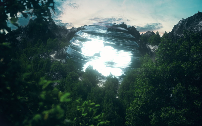 tranquility, day, trees, green color, forest, tranquil scene, 3D Abstract, Cinema 4D, sky, mountain, land, growth, power in nature, cloud - sky, beauty in nature