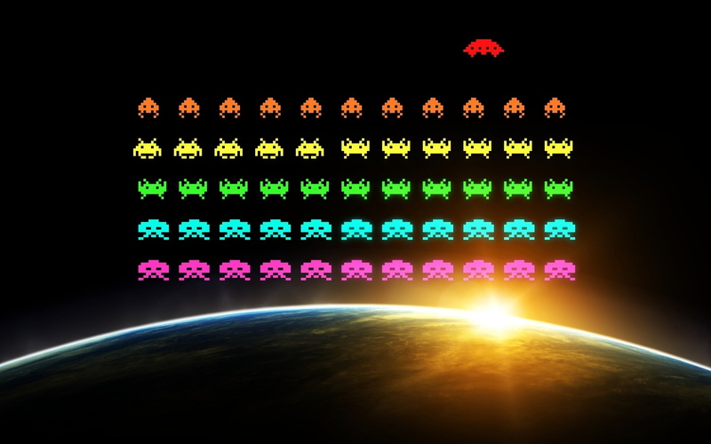 Pixels, light beam, multi colored, sun, Space Invaders, sunlight, Colorful, green color, black background, lens flare, illuminated, glowing, copy space