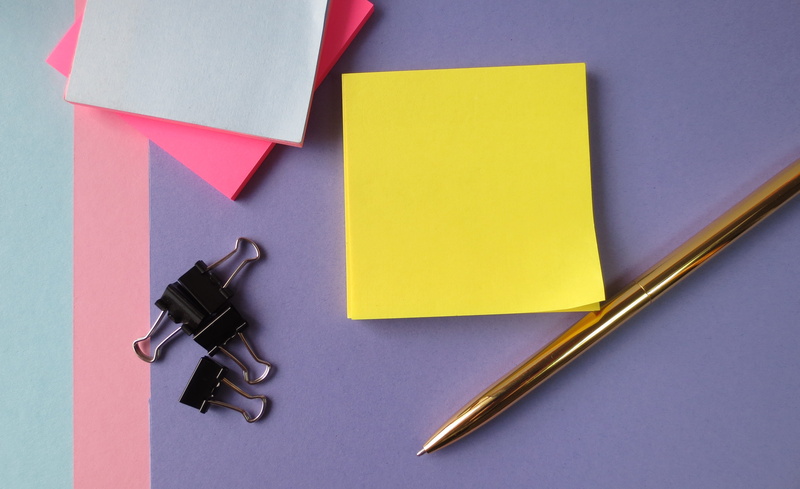 office supply, desktop, reminder, small group of objects, clip, blank, indoors, directly above, yellow, working, group of objects, note pad, office, paper