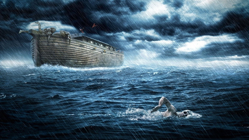 Giraffes, men, artwork, digital art, rain, Swimming, Photo Manipulation, sea, Elephants, animals, birds, 1080P, Noahs Ark