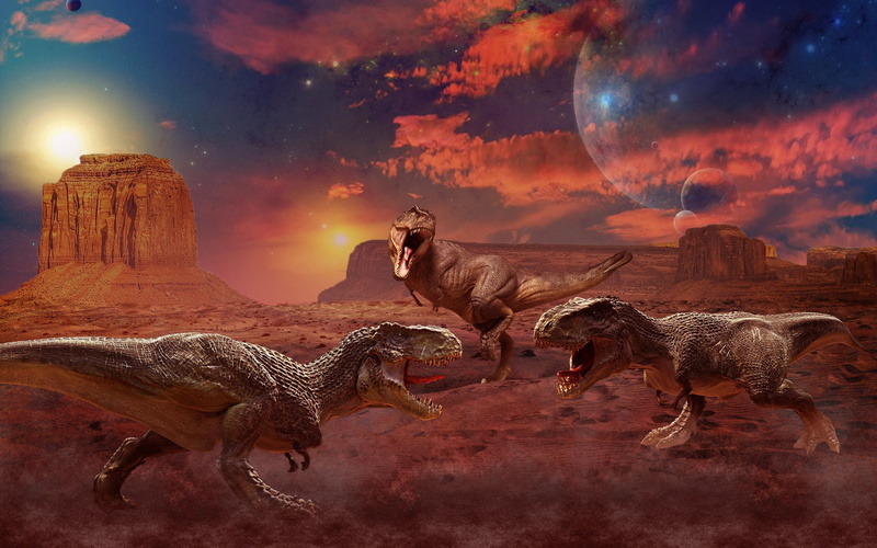 animal themes, animals in the wild, clouds, sky, night, mammal, digital composite, tyrannosaurus, outdoors, space, dinosaurs, 2K, domestic animals