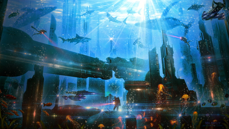Jellyfish, Underwater, Whale, Fantasy, 2K, Building, Shark, City