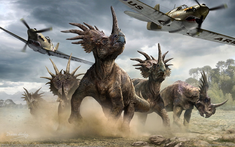 dinosaurs, aircraft, planes, triceratops, 1080P, Daren Horley, styracosaurus