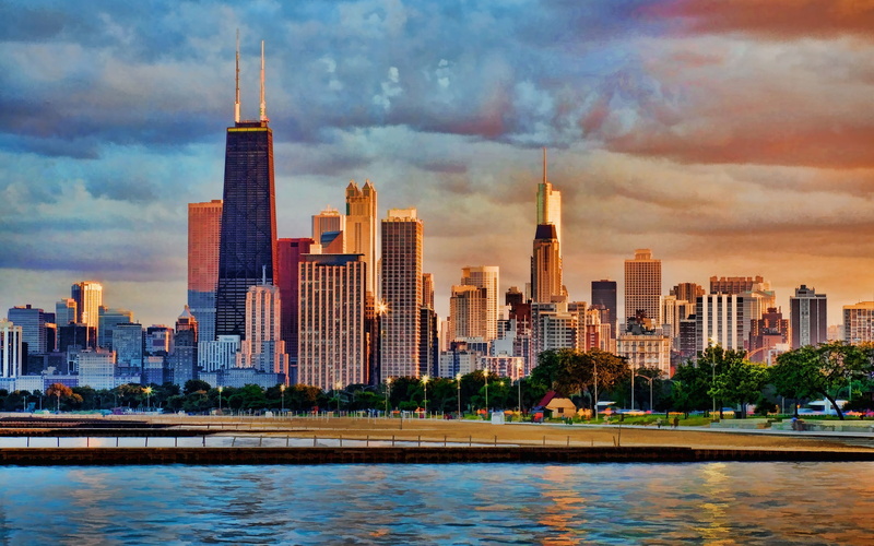 financial district, cityscape, travel destinations, landscape, rise, modern, urban skyline, spire, cloud - sky, city, building exterior, waterfront, water