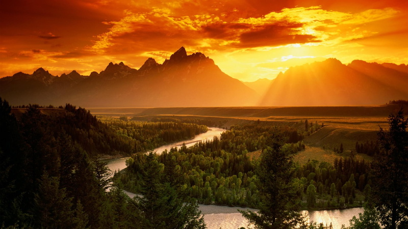 landscape, sunset, mountains, sun rays, nature, forest, pine trees, sky, river, trees, 1080P, sunlight, orange, clouds