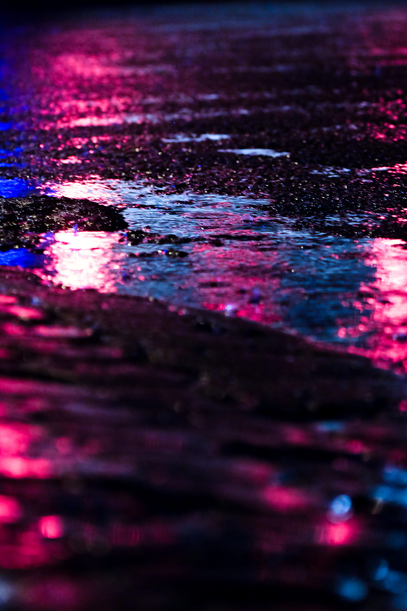 water, close-up, selective focus, rain, pattern, multi colored, road, wet, blue, reflection, street, oil spill, lights, outdoors, reflect, 4K, surface level