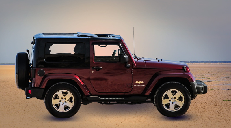 sky, no people, mode of transportation, jeep, maroon, transportation, pick-up truck, land, wrangler, copy space, photoshop, nature, suv, off-road vehicle