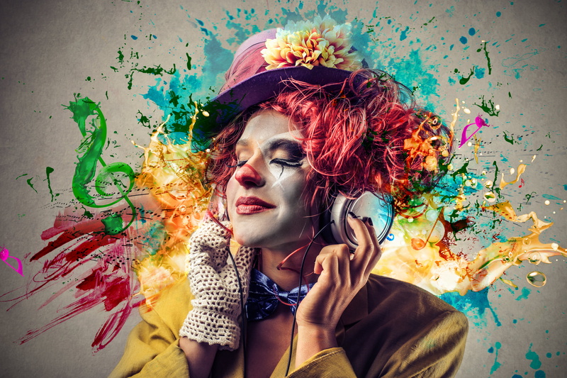 beauty, hat, women, hairstyle, mouth open, dyed red hair, clown, females, portrait, music, girl, make-up, looking, hair, young Women, backgrounds, creativity