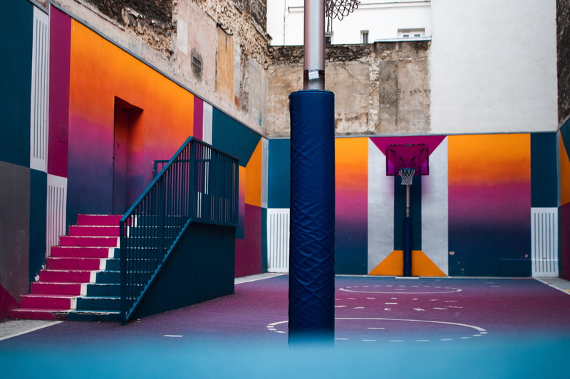 no people, 5K, scene, colorful, basketball court, built structure, Basketball Hoop, outdoors, door, creative, architecture, day, in a row, steps and staircases