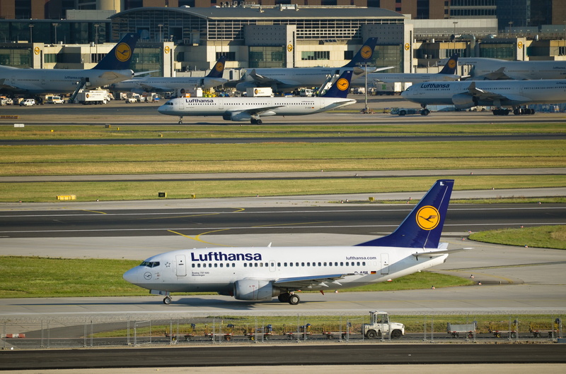 airport runway, stationary, boeing, no people, building exterior, landing - touching down, aerospace industry, fra, architecture, day, travel, taking off