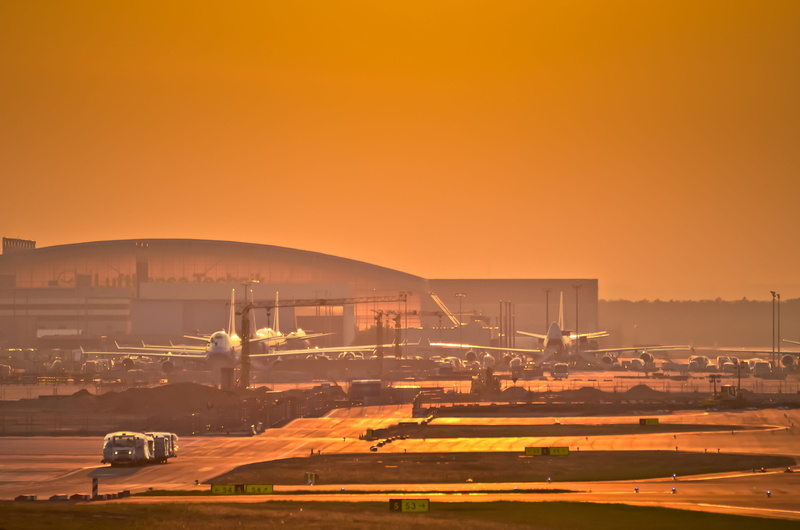 sky, orange color, morning, city, fraport, land vehicle, aircraft, sunset, mode of transportation, car, airliner, frankfurt, copy space, outdoors, airport