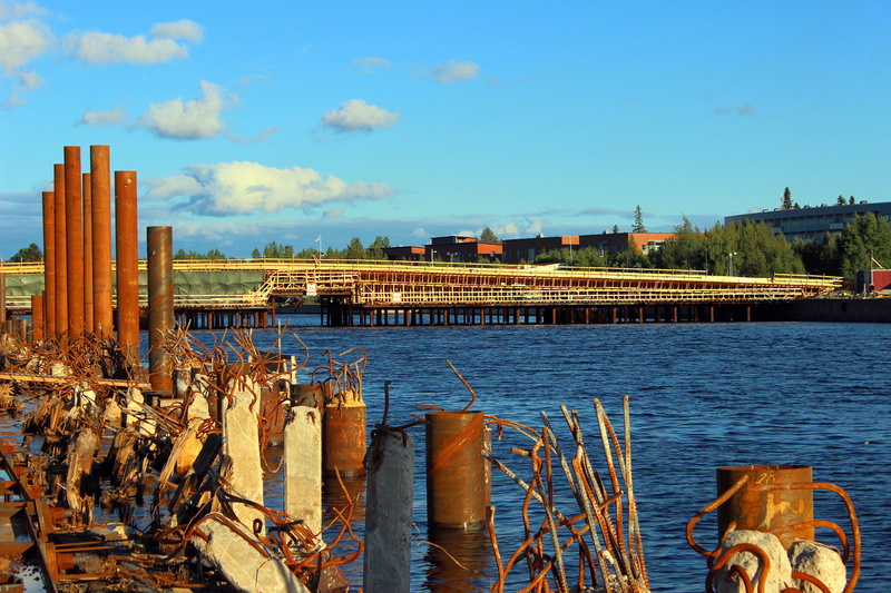 steel, scenic, industry, post, built structure, Bridge, buildings, mode of transportation, Oulu, transportation, water, harbor, nautical vessel, fishing industry