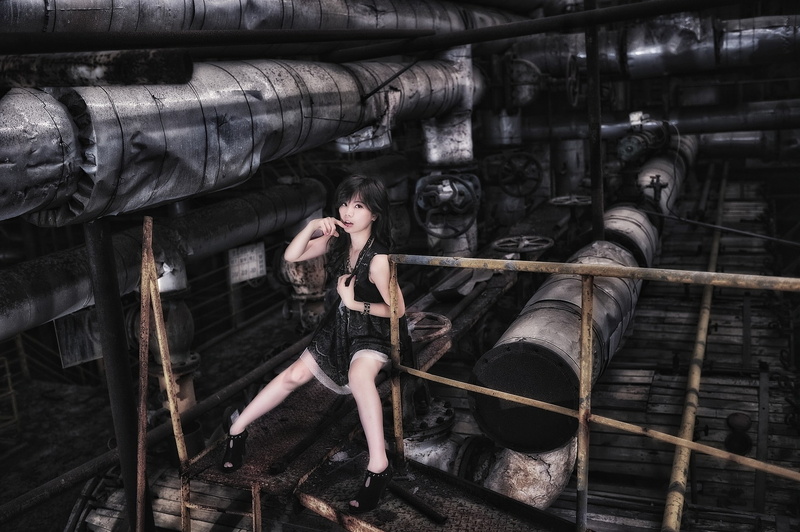 black hair, one person, dark hair, lifestyles, high heels, metal, abandoned, women, finger on lips, indoors, industrial, young adult, factory, wall - building feature