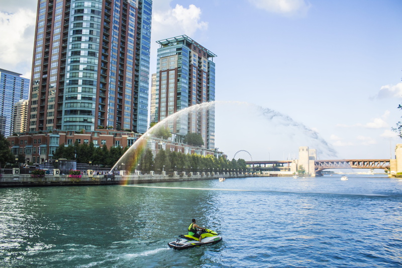 river, building exterior, office building exterior, cityscape, chicago river, mode of transportation, 5K, human, jet ski, lake michigan, vacation, water