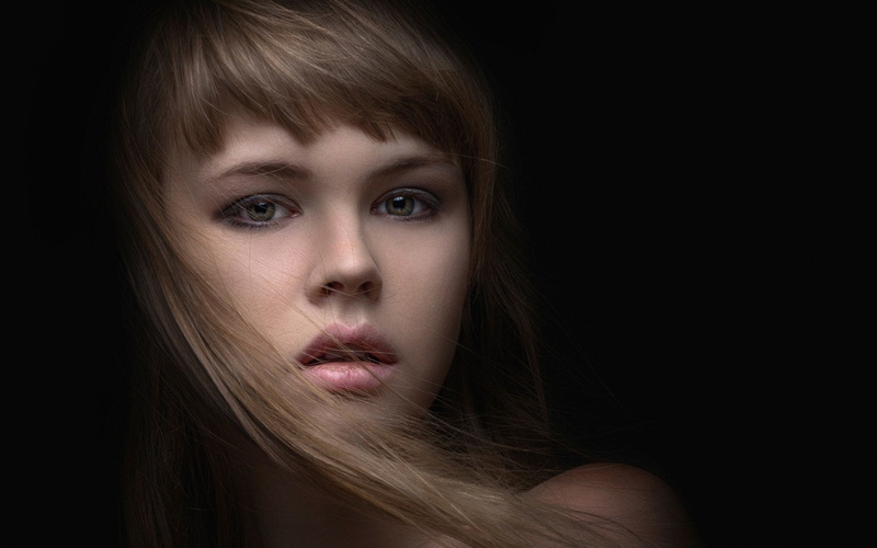 women, human body part, contemplation, close-up, black background, headshot, long hair, human face, brown hair, beauty girl image 1920x1200, innocence