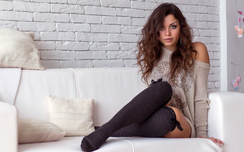 sofa, beautiful woman, indoors, beauty, hairstyle, adult, young adult, hair, women, long hair, mini dress, lifestyles, beautiful girl hd  1920x1200, looking at camera