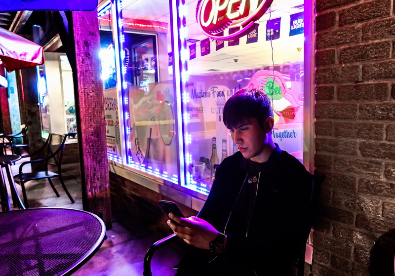 mobile phone, guys, digital tablet, glow, illuminated, male. guy, neon, front view, lightroom, waist up, child, communication, teenager, casual clothing