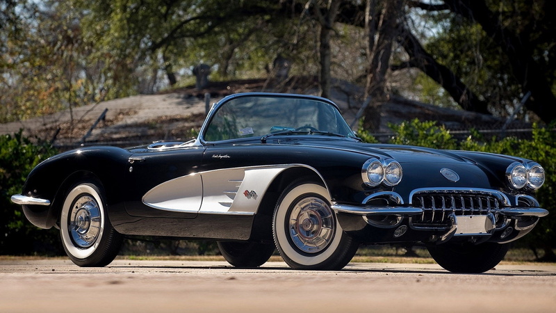 tree, Convertible, mode of transportation, vintage car, car, day, tire, outdoors, Black Car, stationary, old, Sport Car, vintage, chrome, Chevrolet Corvette (C1)