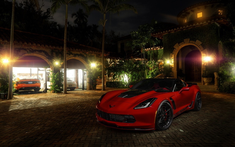 illuminated, street, car, land vehicle, car chevrolet corvette c1, night, tree, luxury, red, arch, building exterior, architecture, transportation, vintage car