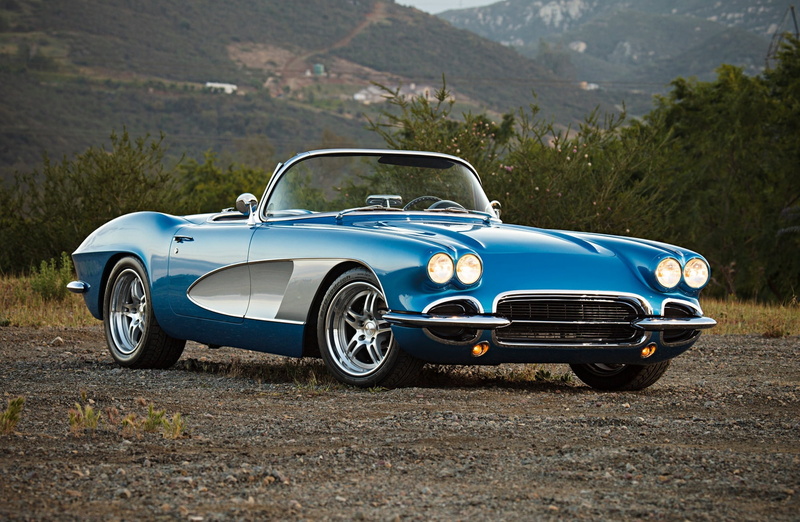 chrome, retro styled, sports car, cars, vehicles, Motors, mountain, blue, vintage car, luxury, chevrolet, chevrolet corvette, silver colored, 1961, classic
