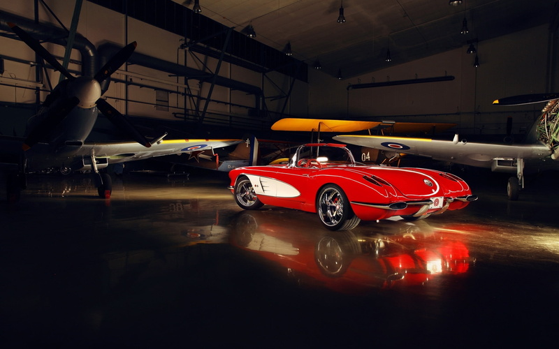 drives, 1080P, convertible, tuning, by Pogea Racing, Corvette, Custom, two, rear view, red, Chevrolet, 1959, airplanes, aircraft, twilight, classic, coupe