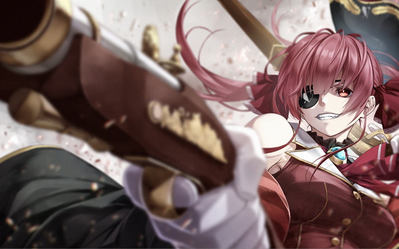 smiling, anime girls, pistol, Virtual Youtuber, anime, eye patch, ponytail, Houshou Marine, redhead, long hair, red eyes, white gloves, 1080P