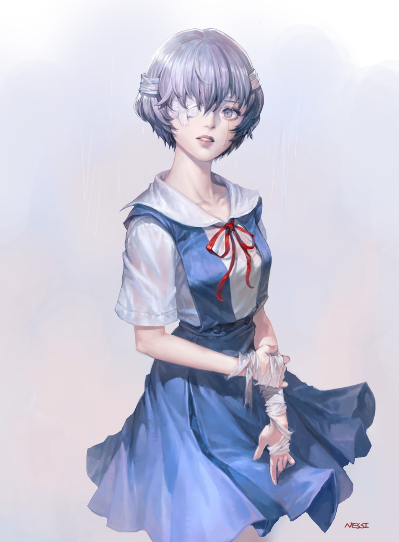 fan art, childhood, simple background, hair, 2K, Neon Genesis Evangelion, standing, looking at camera, one person, anime girls, portrait, innocence, women