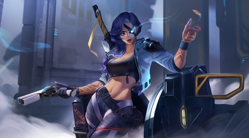 Riot Games, video game characters, black tops, coin, white jacket, Samira (League of Legends), purple hair, gun, short tops, blue eyes, short jacket, tattoo
