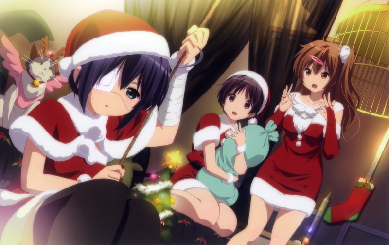 Christmas, Rikka Takanashi, Santa Hat, 1080P, Kumin Tsuyuri, Eye Patch, Red Dress, Anime, Girl, Shinka Nibutani, Dress, Love, Chunibyo and Other Delusions