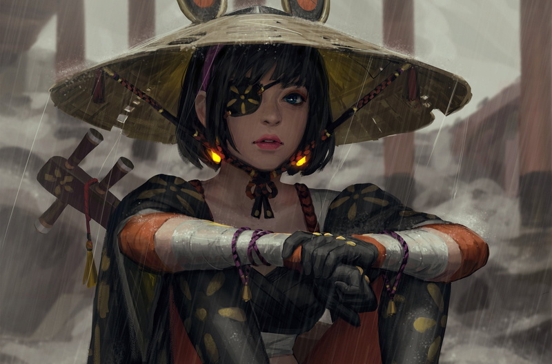 Asian Conical Hat, Eye Patch, Rain, Women, Blue Eyes, Woman, 2K, Girl, Short Hair, Oriental, Fantasy