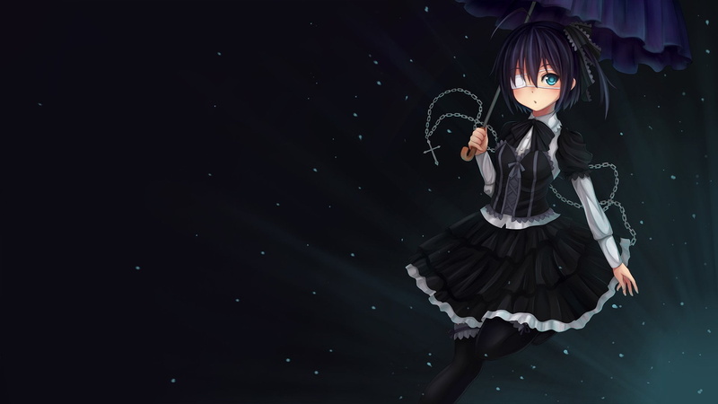 Anime, black background, Cross, Chain, Eye Patch, standing, Blue Eyes, Umbrella, Chunibyo and Other Delusions, illustration, Blue Hair, girl, women, Love