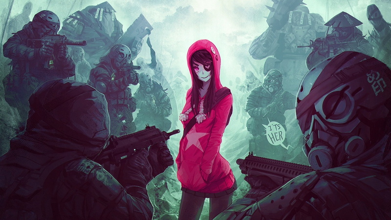 eye patch, artwork, anime girls, 1080P, soldier, gun